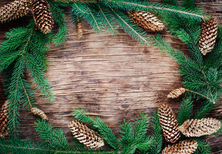 Christmas background with spruce branches and pine cones on wooden background.