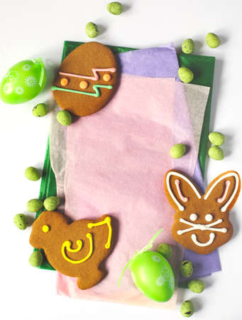 Easter background with cookies and eggs, copy spaceの写真素材