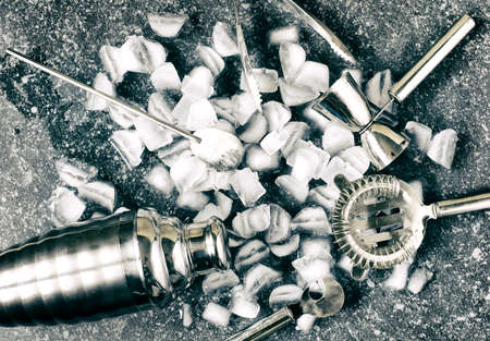 Set of bar tools for making a cocktails arranged on a stone background, top view.の写真素材