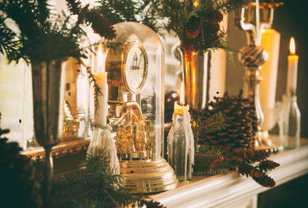 Mantelpiece with Christmas decor. Vintage toned imageの写真素材