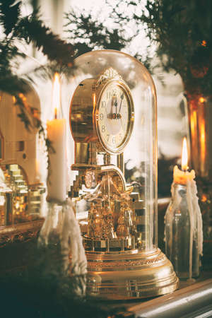 Mantelpiece with Christmas decor. Vintage toned imageの写真素材