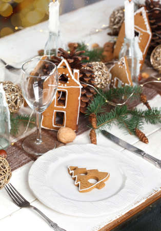 Christmas table setting with gingerbread. Holiday decorationの写真素材