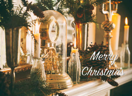 Mantelpiece with Christmas decor. Vintage toned imageの写真素材