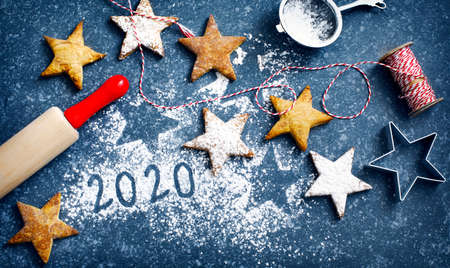 Christmas cookies on stone background, top viewの写真素材