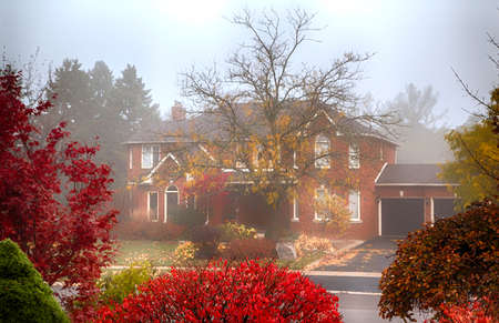 House with autumn trees in fogの写真素材
