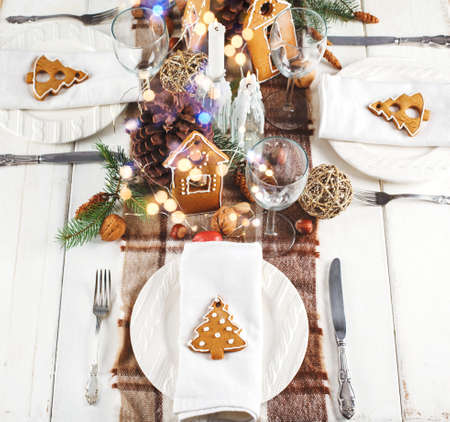 Christmas table setting. Holiday decorationの写真素材