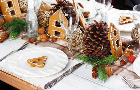 Christmas table setting. Holiday decorationの写真素材