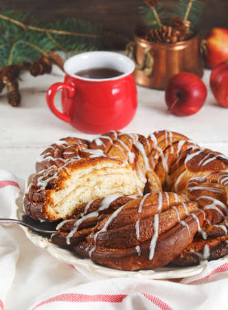 Cinnamon Sweet Brioche on wooden tableの写真素材