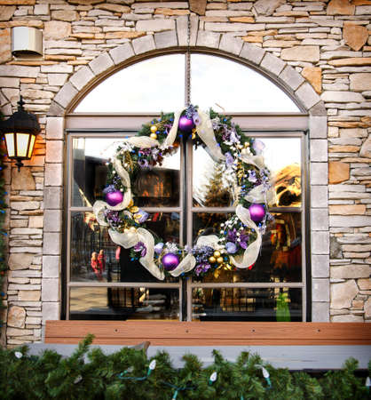 Christmas wreath. Christmas windows decorationの写真素材
