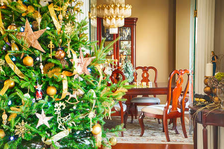 Interior room with decorated Christmas treeの写真素材