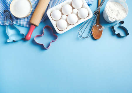 Baking background frame. Preparation for Easter baking. Ingredients and kitchen items for baking....