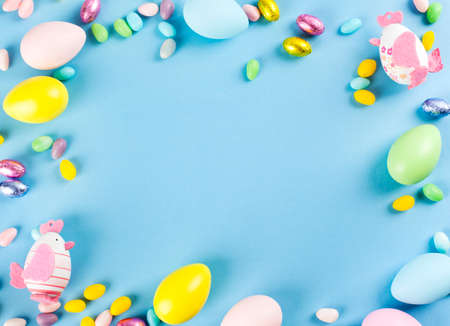 Easter background. Easnet composition on blue backgrount, copy spaceの写真素材
