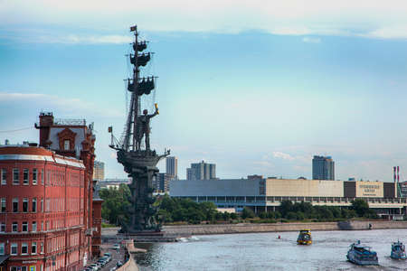 Moscow, Russia - July 23, 2021: View of Moscow River and statue of Peter The Great.のeditorial素材