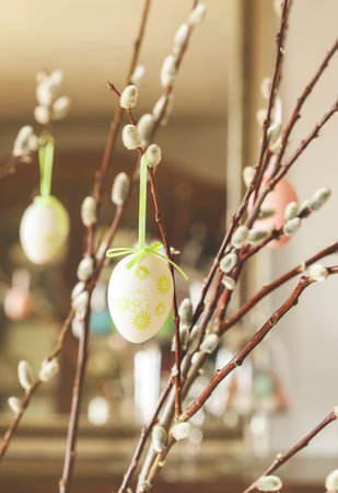 Close up of decoration easter egg at willow branches. Easter decoration.の写真素材