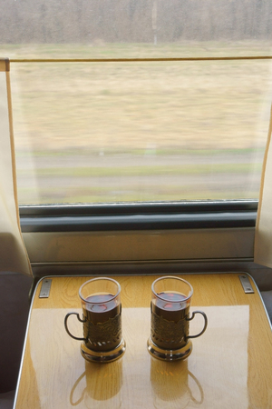 Two glasses of tea on the train, railway