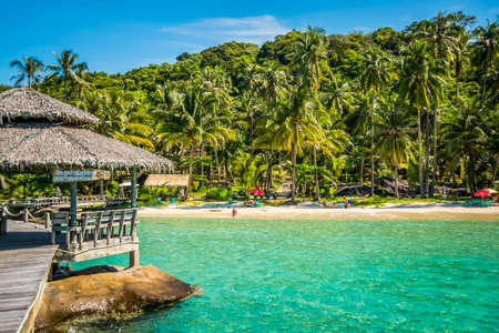 Wooden bridge in the sunset on the Ao Ngam Kho at Koh Kood, Trat in Thailandのeditorial素材
