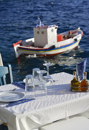 restaurant at harbor Amoudi, at Santorini Greeceの写真素材