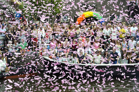 Amsterdam, Netherlands - August 2, 2014: participants in the annual event for the protection of human rights and civil equality - Gay Pride Parade on the Prinsengracht, Amsterdamのeditorial素材