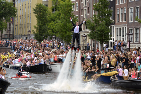 Amsterdam, Netherlands - August 2, 2014: participants in the annual event for the protection of human rights and civil equality - Gay Pride Parade on the Prinsengracht, Amsterdamのeditorial素材