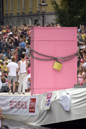 Amsterdam, Netherlands - August 2, 2014: participants in the annual event for the protection of human rights and civil equality - Gay Pride Parade on the Prinsengracht, Amsterdamのeditorial素材