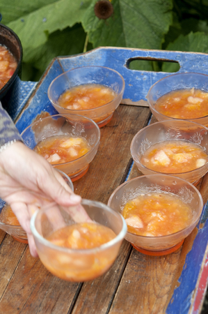 fresh home made plum chutney on a beautiful summer dayの写真素材