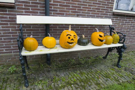 Pumpkins for holiday Halloween on garden tableの写真素材