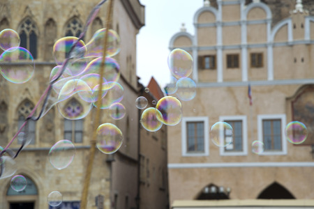 Prague- July 23, 2014: Bubbles are blowing in the wind in Pragueのeditorial素材