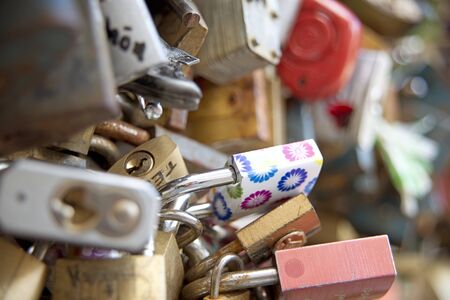 PRAGUE, CZECH REPUBLIC - july 22, 2015: Love locks in Prague. The locks are on a small pedestrian...