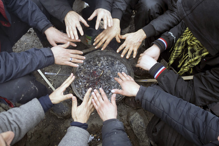 Dunkerque, France-23 January 2016: Refugee camp Grande-Synthe in France is a muddy camp with a lot of dirty waste. People are cold and hungry.のeditorial素材