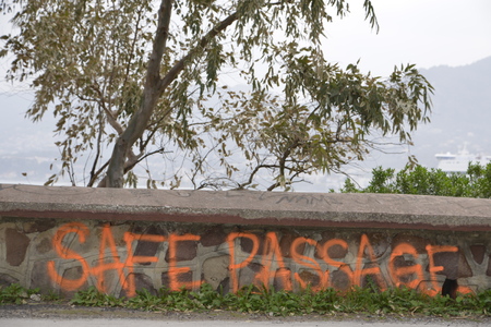 LESVOS, GREECE March 02, 2016: Words written by refugees and volunteers on walls at the Greek island Lesvos. Hotspot Moria, deportation center refugees.のeditorial素材