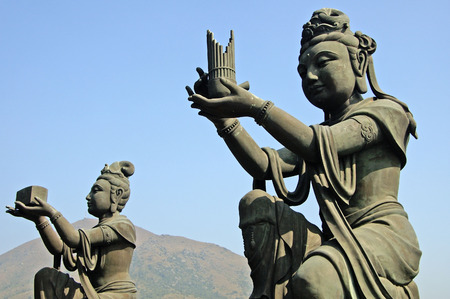 goddess offering lotus flower and gifts to Buddha