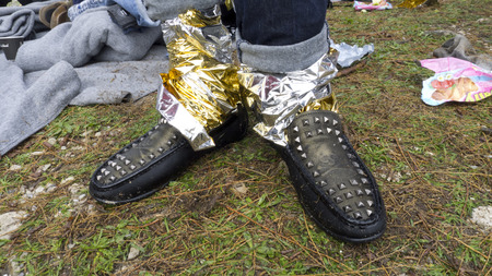 Mytilini, Lesvos, Greece, 25-Februari-2016: Refugees arriving at Lesvos. After they flee from their home country. They travel from Turkey to Greece to get to Europe.のeditorial素材