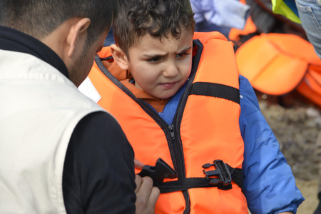Mytilini, Lesvos, Greece, 25-February-2016: Refugees arriving at Lesvos. After they flee from their home country. They travel from Turkey to Greece to get to Europe.のeditorial素材