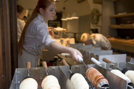 Prague- July 22, 2014:Prague city traditional bread tradelnik.のeditorial素材