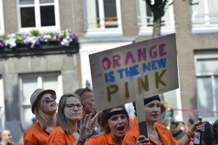 Amsterdam, Netherlands - August 1, 2015: participants in the annual event for the protection of human rights and civil equality - Gay Pride Parade on the Prinsengracht, Amsterdamのeditorial素材