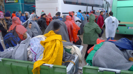 Lesvos, Greece- October  24, 2015. Refugee migrants, arrived on Lesvos in inflatable dinghy boats, they stay in refugee camps waiting for the ferry to mainland Greece continuing their journeys through Europe to seek asylum.のeditorial素材