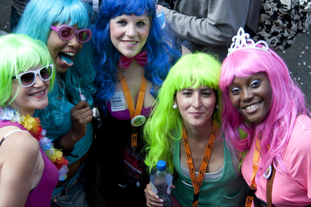 Brussels, Belgium, 14-May-2011: A group of people wearing colourful wigs at the gay pride in Brussels.のeditorial素材