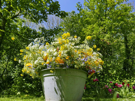 roadflower bouquets in a vintage tin bin in the gardenの写真素材