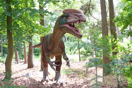 Oertijdmuseum-Boxtel-12-06-2022: Allusaurus walking in the forest, The Netherlands.の写真素材