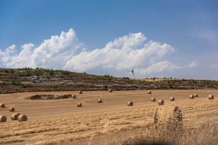 Landscape of straw bales with wind turbine in backgroundの写真素材