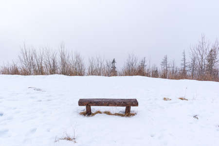 Empty bench on a mountain trail covered with snow