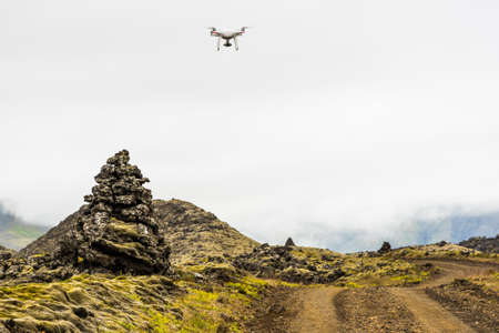 Drone flying over icelandic lava rocksの写真素材