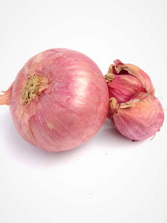 A large onion and side by three small onions together.Can see the bottom portion with roots of large onion and the loosen skin of onions clearly.の写真素材