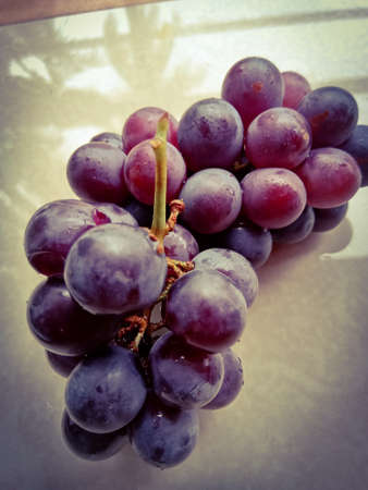 Grapes placed on a floor having dark and light red color.Can see the stalk of the fruit.の写真素材