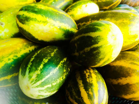 A Closeup shot of yellow cucumbers placed in a basket in the market.The cucumber have both green and yellow shades on it.The ends are yellowish and green with yellow lines on body.の写真素材