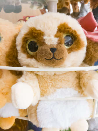A Bear doll with brown and white combined head and black eyes.The doll is kept in a bar using threads tied to it.The doll has a reflecting black eyes.の写真素材