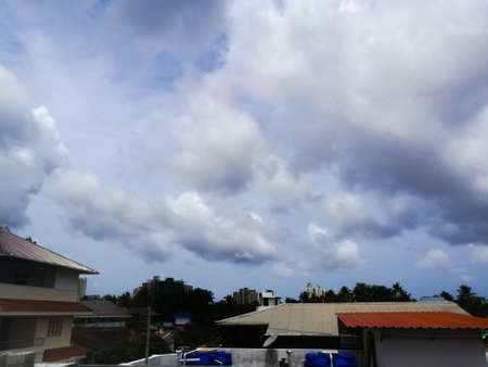 Rainy clouds from a far away distance on the top of trees.The clouds are dark and with dark blue color.The clouds are large enough and have different shapes.の写真素材