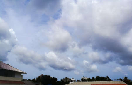 Rainy clouds from a far away distance on the top of trees.The clouds are dark and with dark blue color.The clouds are large enough and have different shapes.の写真素材