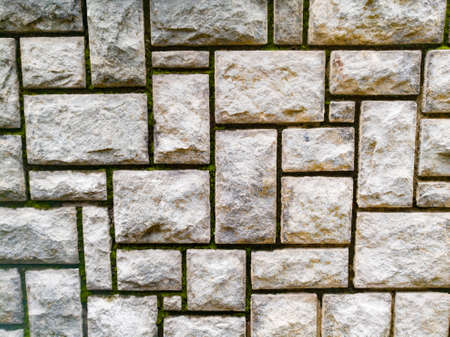 Huge rock texture work or cladding work as background on a wall.The rock pieces are real and they are flattened.The cuts have small amount of algae growth in it and makes attractive.の写真素材