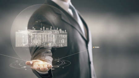 Businessman in the future with futuristic technology with landmarkの写真素材